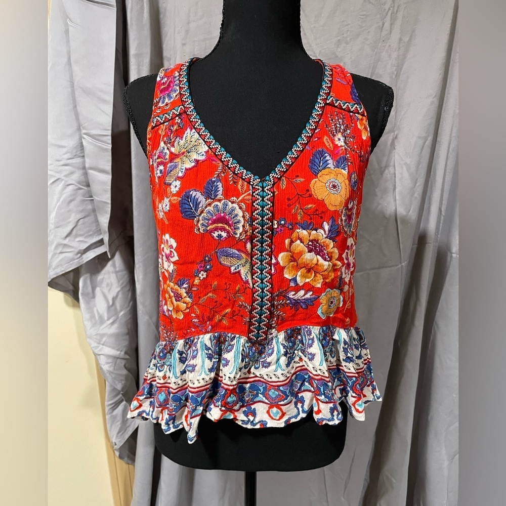 Patrons of Peace Red Floral Ruffle Blouse